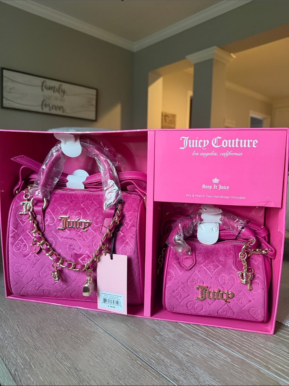Juicy Couture 2pc set Pink Satchel Handbag w/crossbody Gold-Tone Charm Chain NWT